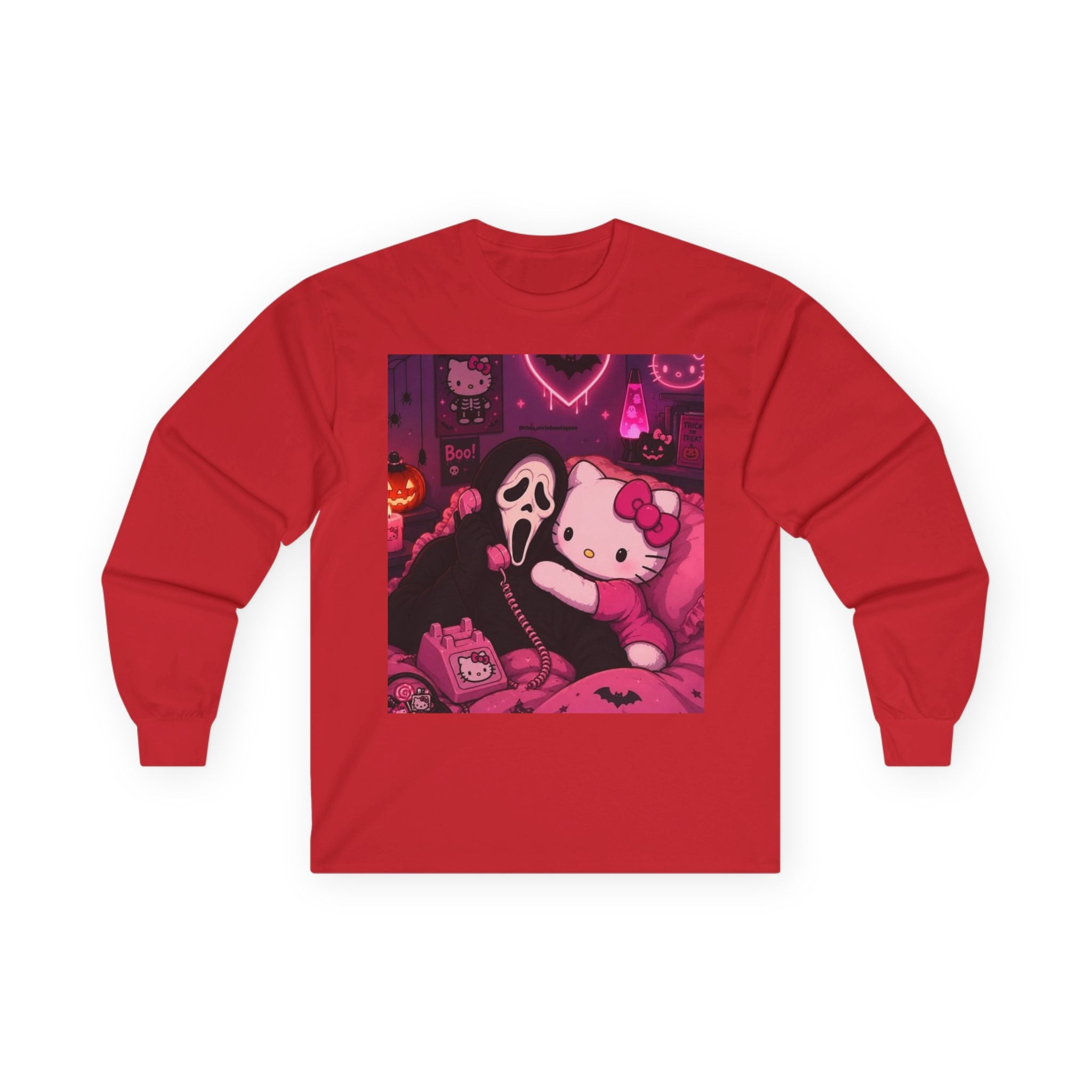 Hello Kitty x Ghostface Horror Long Sleeve Tee — Pink Neon Cute Scary Graphic