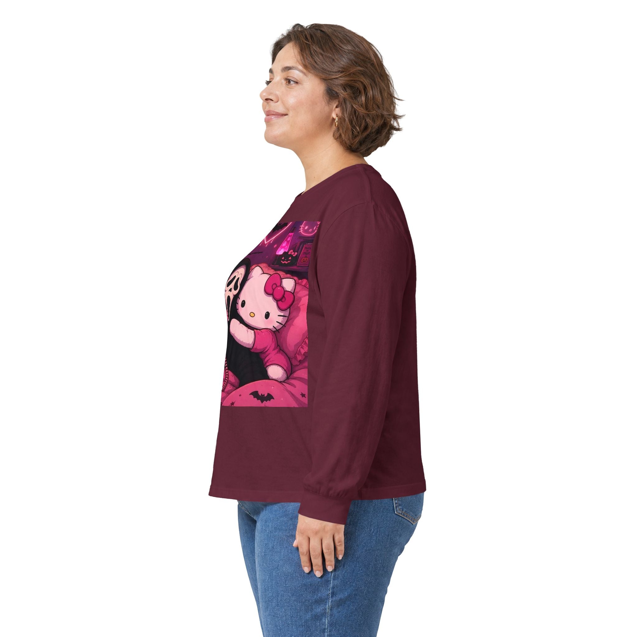 Hello Kitty x Ghostface Horror Long Sleeve Tee — Pink Neon Cute Scary Graphic