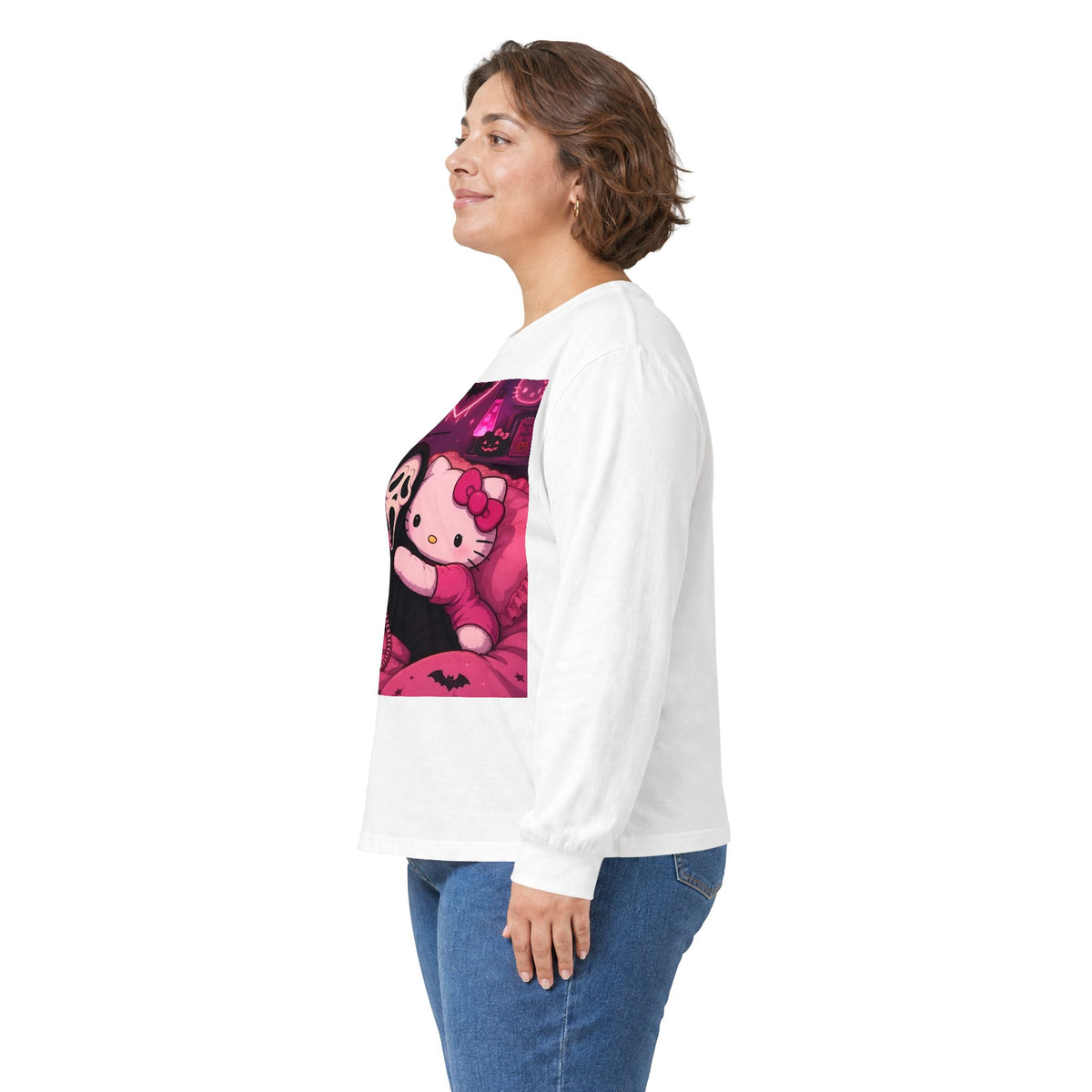 Hello Kitty x Ghostface Horror Long Sleeve Tee — Pink Neon Cute Scary Graphic