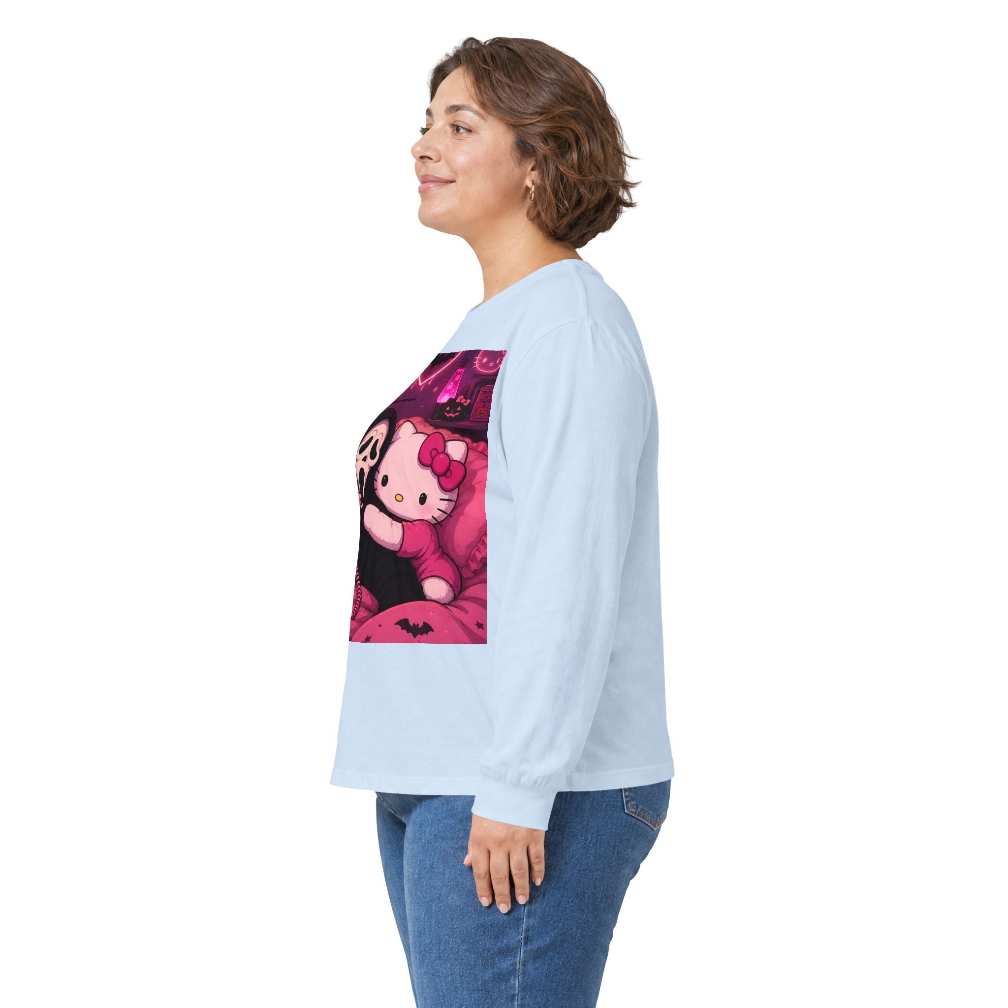 Hello Kitty x Ghostface Horror Long Sleeve Tee — Pink Neon Cute Scary Graphic