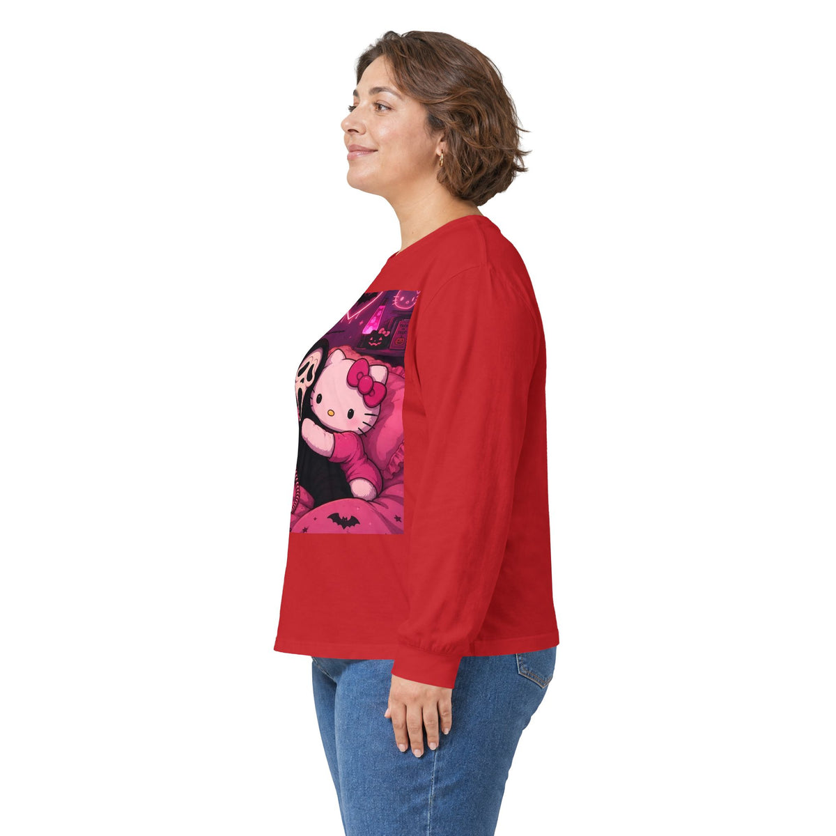 Hello Kitty x Ghostface Horror Long Sleeve Tee — Pink Neon Cute Scary Graphic